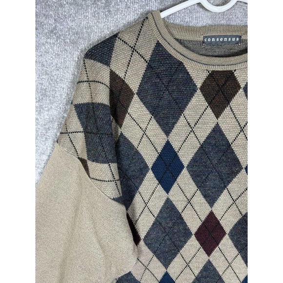 Consensus Merino Wool Blend Italy Argyle Knit Sweater Mens Size XL Tan Pullover - Picture 6 of 15